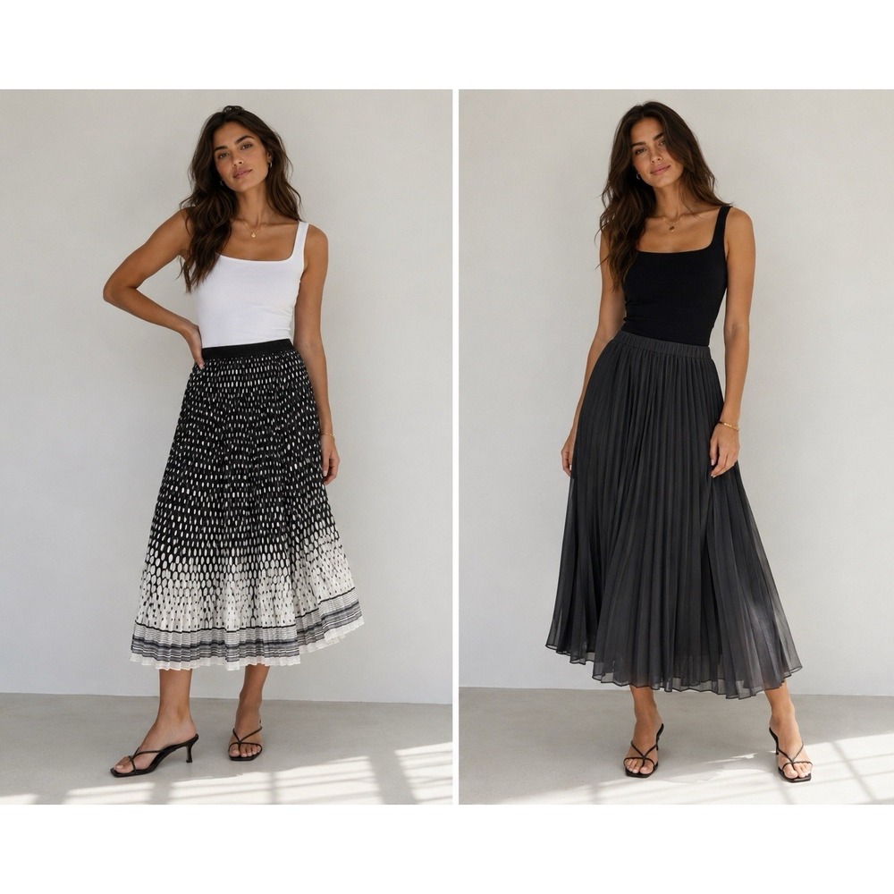 Lot of 2 Womens Size Large Maxi Skirts Pleated Black & Polka Dot A New Day